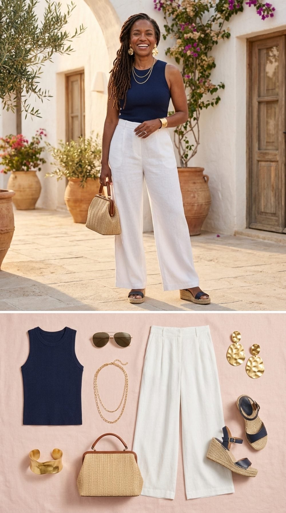 White Wide-Leg Linen and a Navy Knit Tank: Gold Jewelry as the Third Act