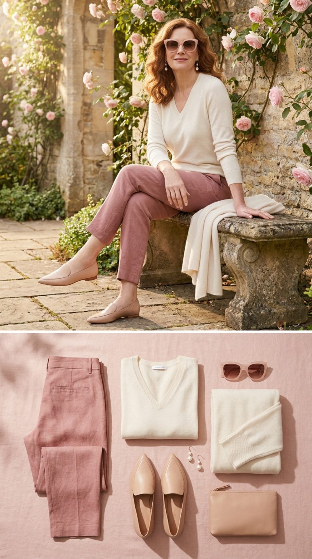 Dusty Rose Ankle Linen with Pearl Earrings and Nowhere in Particular to Be