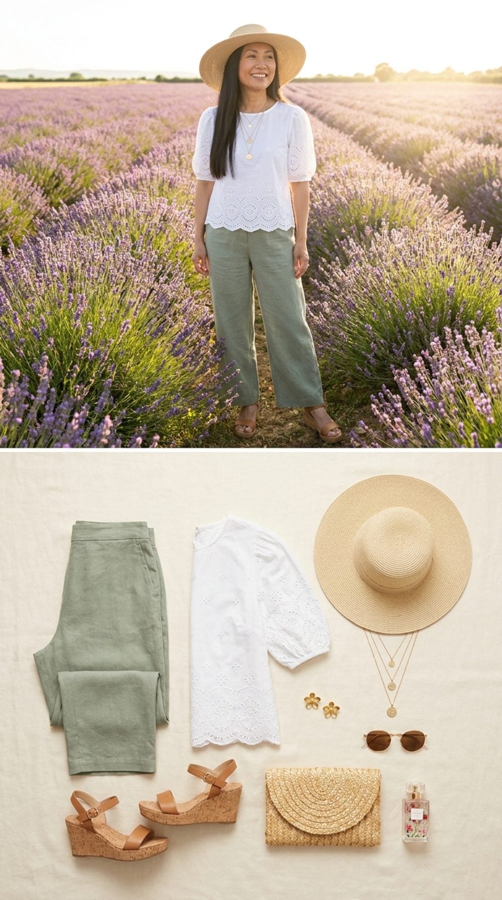 Sage Green Linen and White Eyelet Under a Straw Hat, Somewhere With Good Light