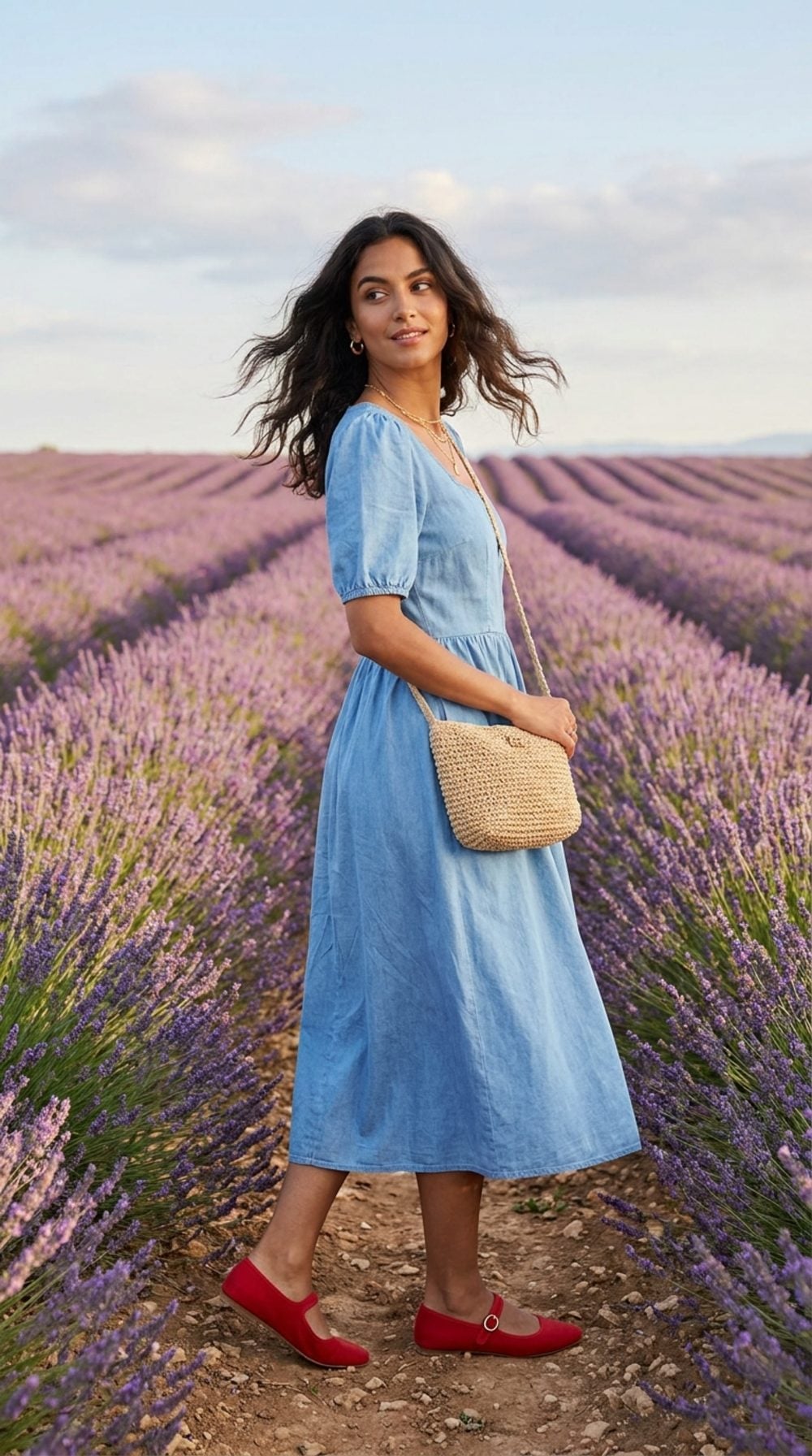 Sky Blue Chambray and Red Mary Janes, Walking Through a Lavender Field Like You Own It