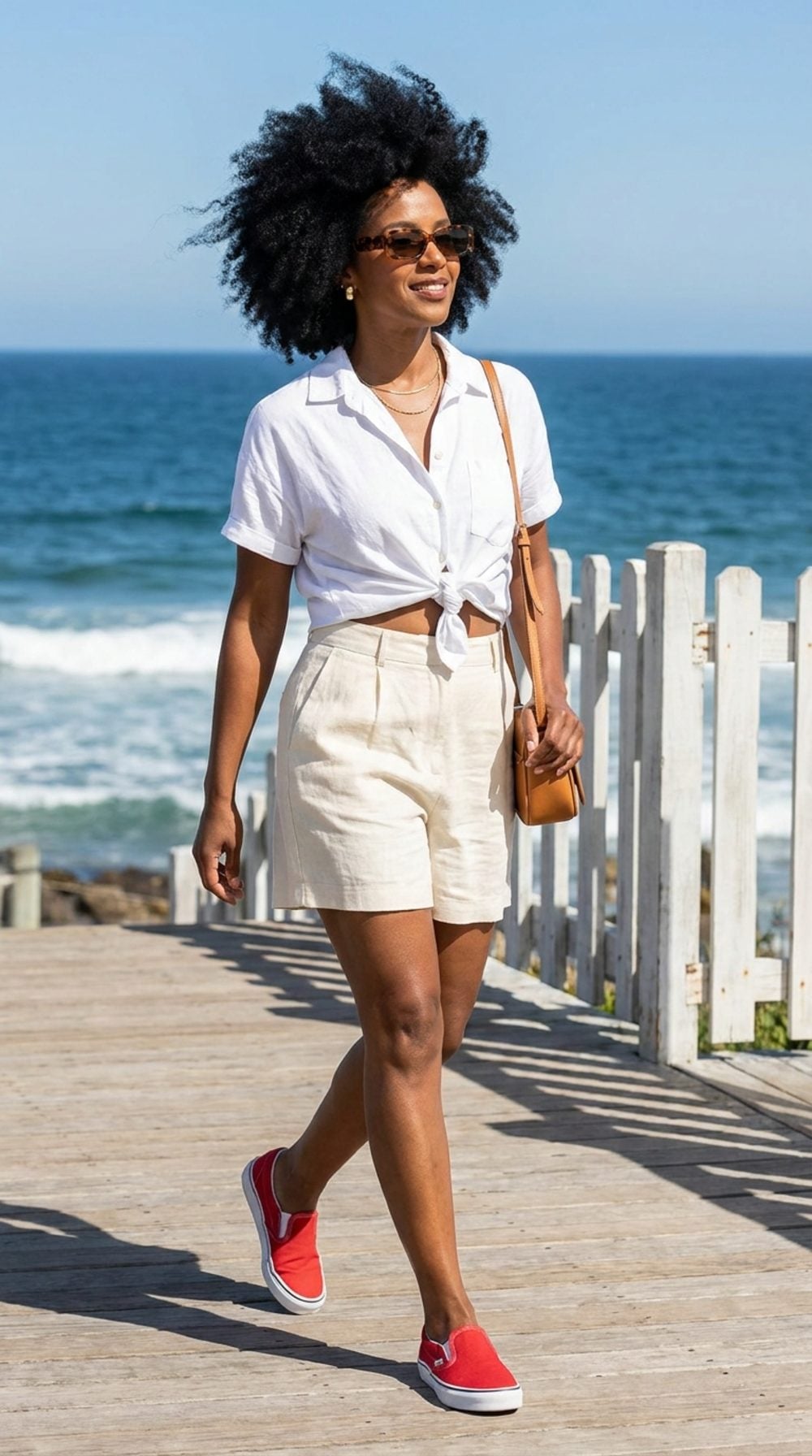 Cream Linen, Knotted White Shirt, Red Sneakers: The Coastal Boardwalk Outfit Done Right