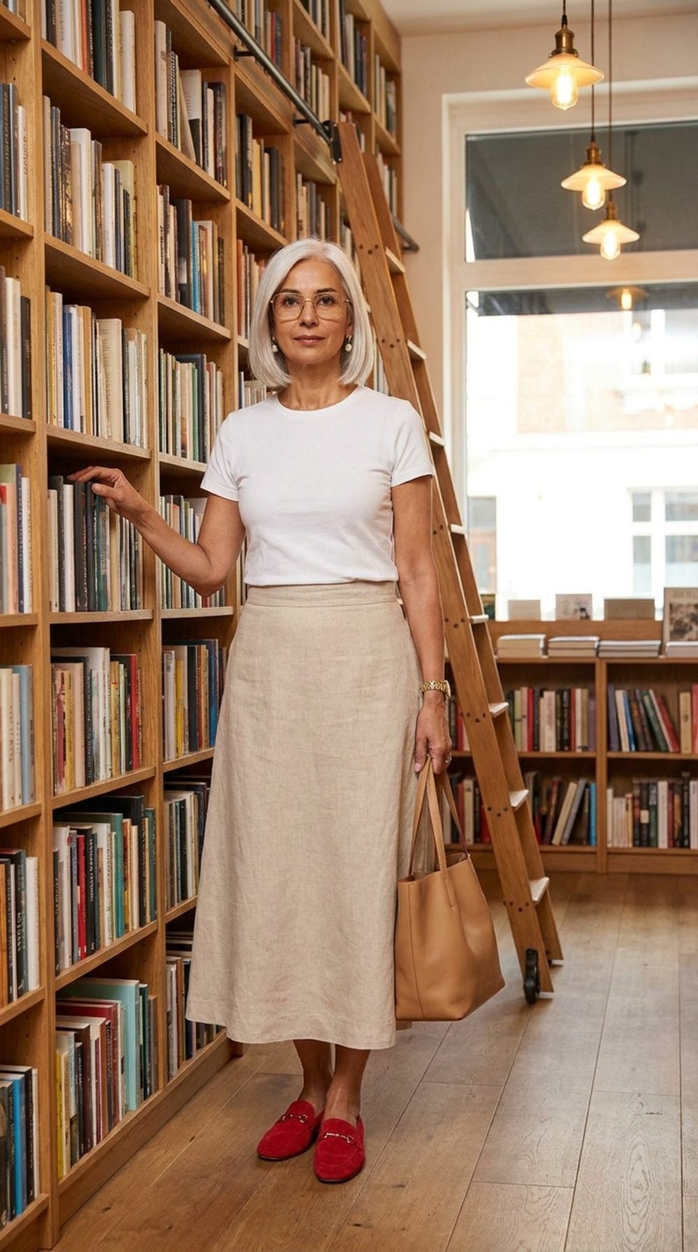 White Tee, Beige Linen Skirt, and the Red Suede Loafer That Makes a Bookstore Feel Like a Runway
