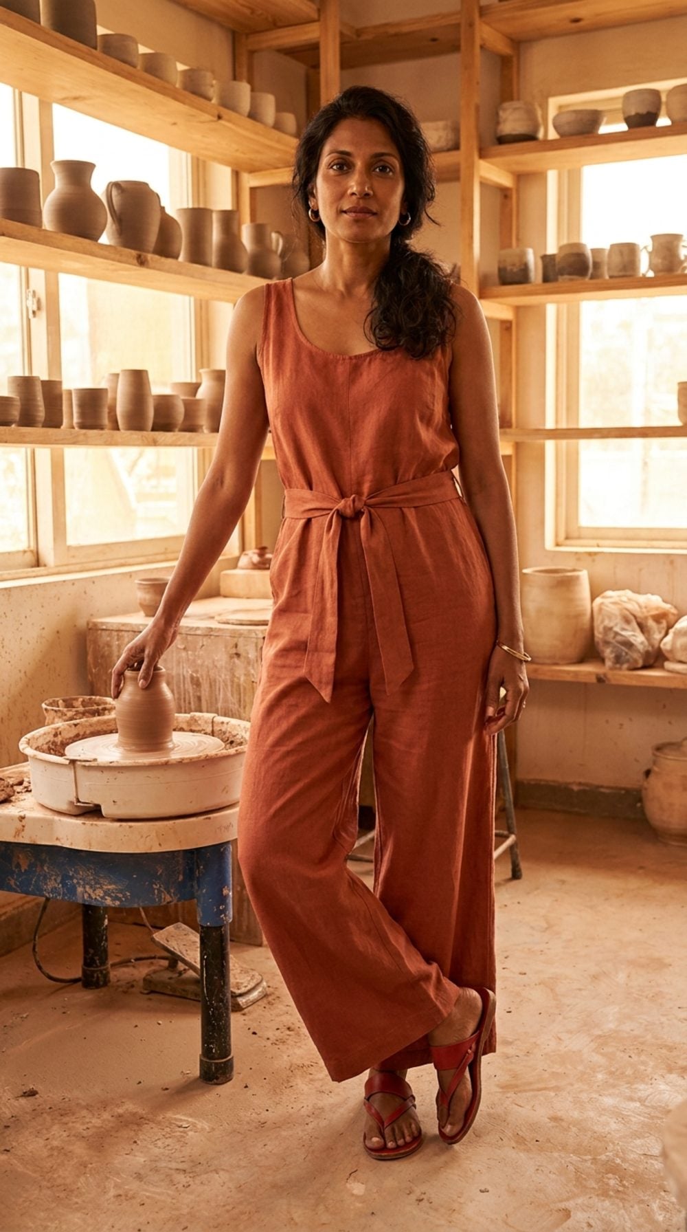 Terracotta Dreams: The Jumpsuit and Red Sandal Pairing That Just Works