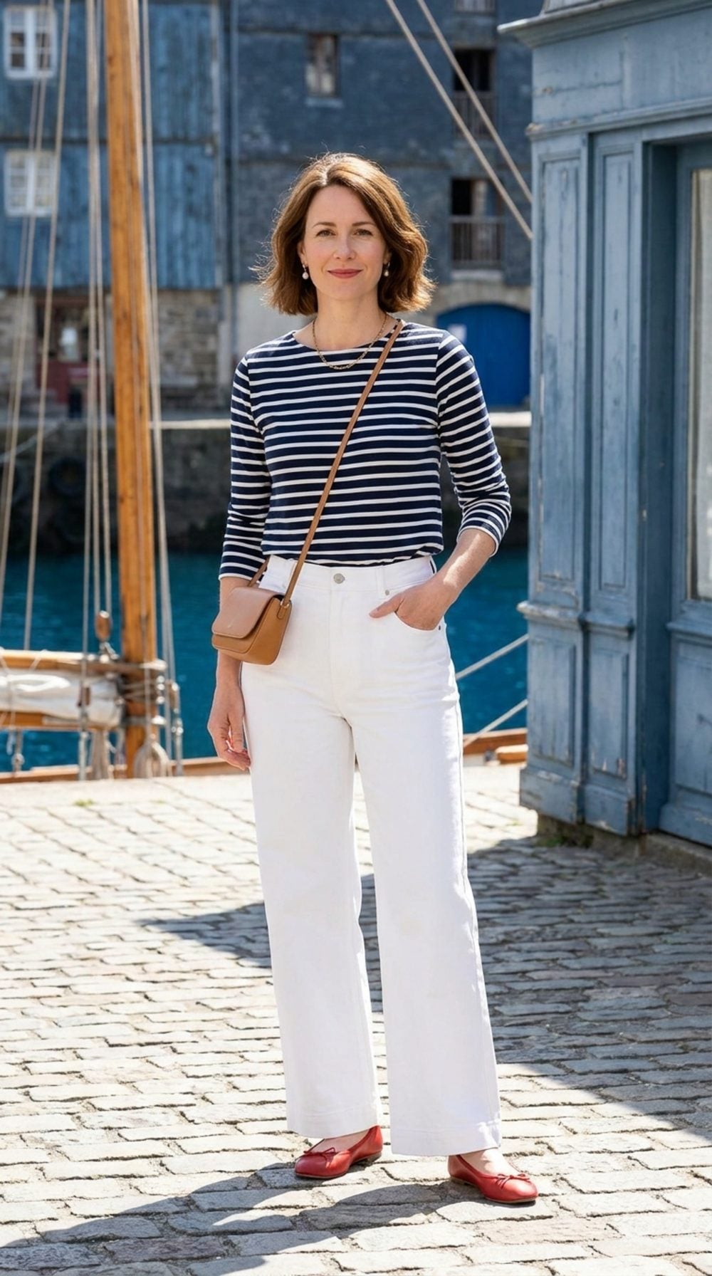 Breton Stripes, White Trousers, and the Red Flat That Ties It All Together
