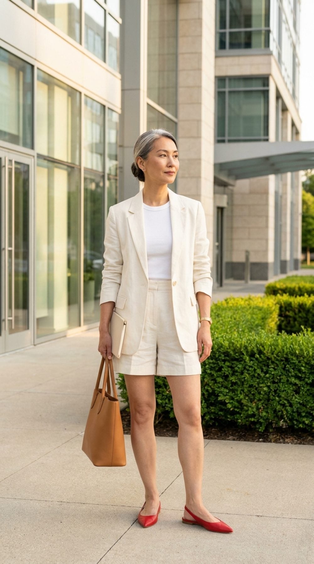 Summer's Most Persuasive Business-Casual Case: Ivory Blazer, Shorts, and That Slingback