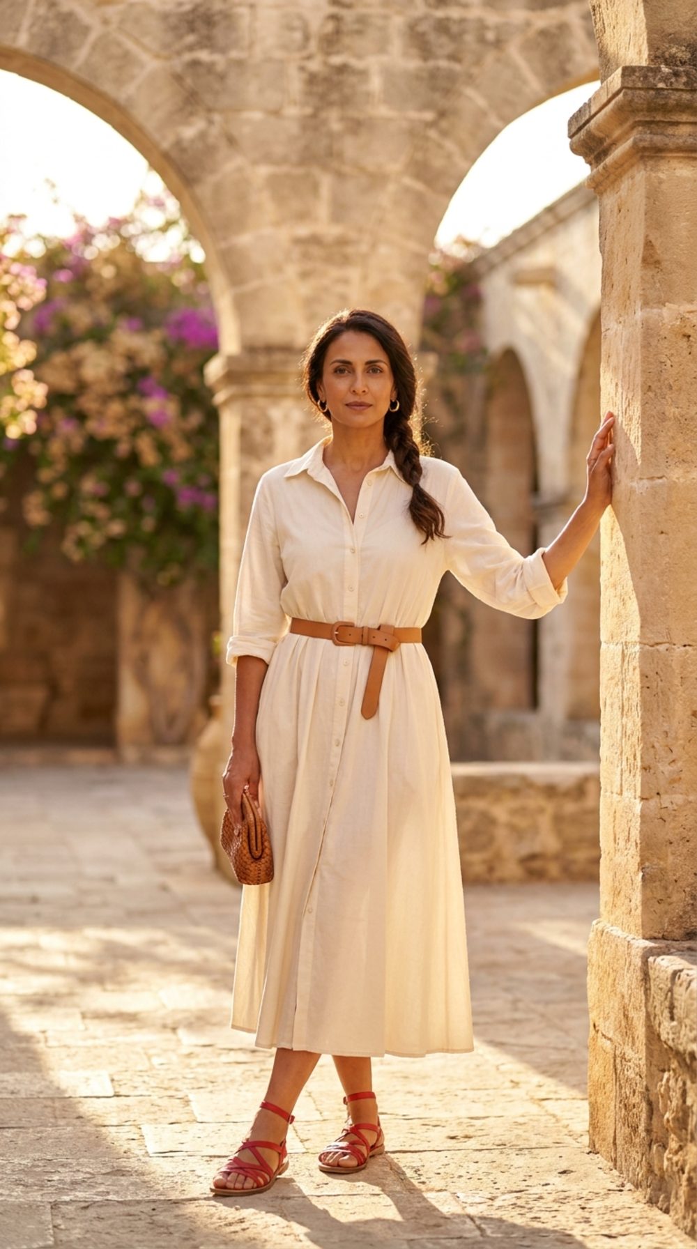 Cream Shirtdress in a Stone Courtyard: Red Gladiator Sandals as the Punctuation Mark