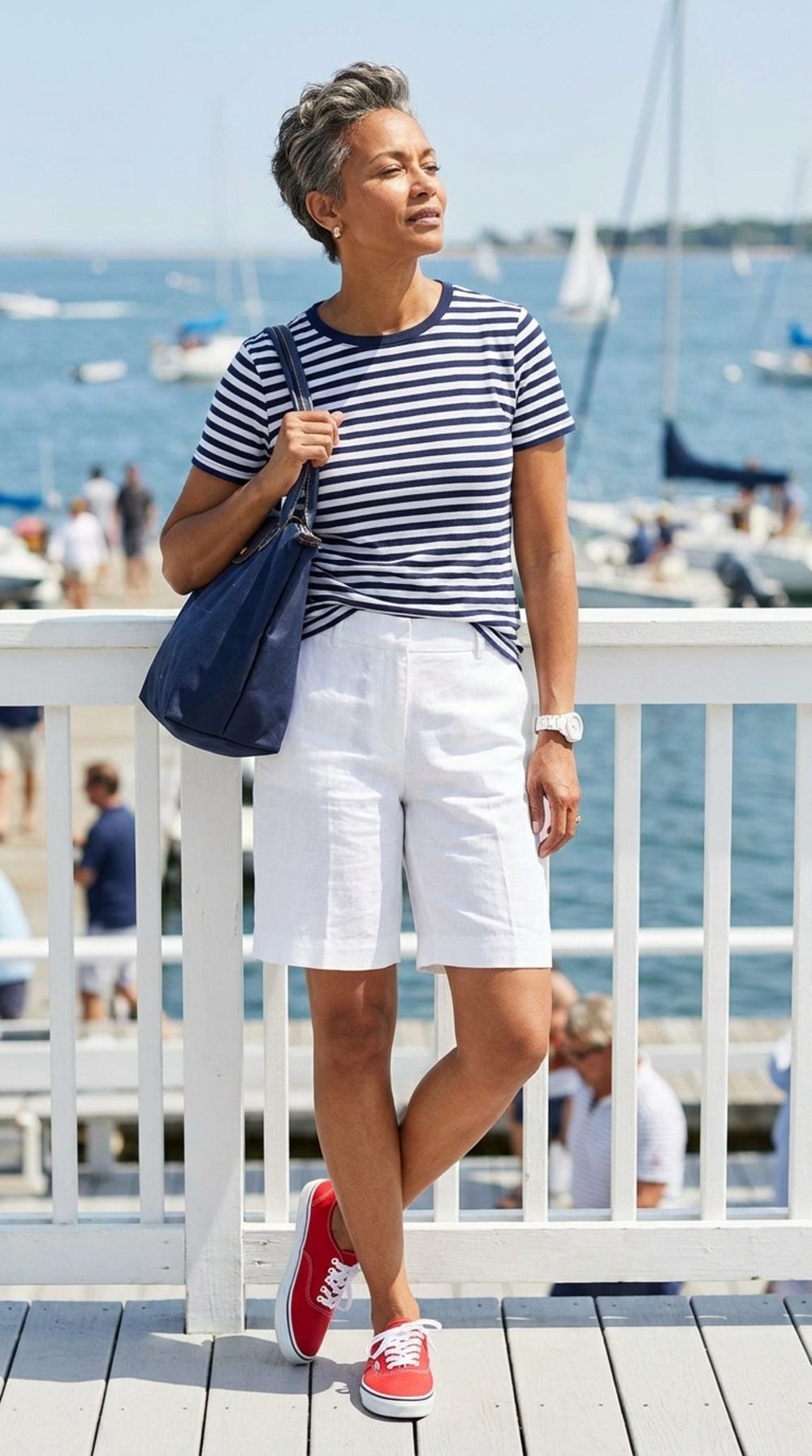 Sailing Club Terrace: White Bermuda Shorts, a Striped Tee, and Sneakers That Refuse to Be Boring