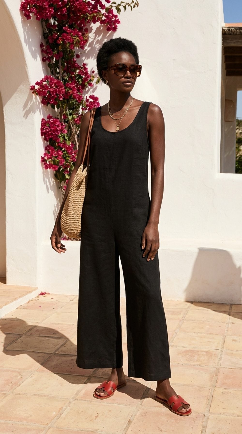 Red Slides, a Black Linen Jumpsuit, and the Resort Patio Energy of Someone Who Has Truly Figured It Out