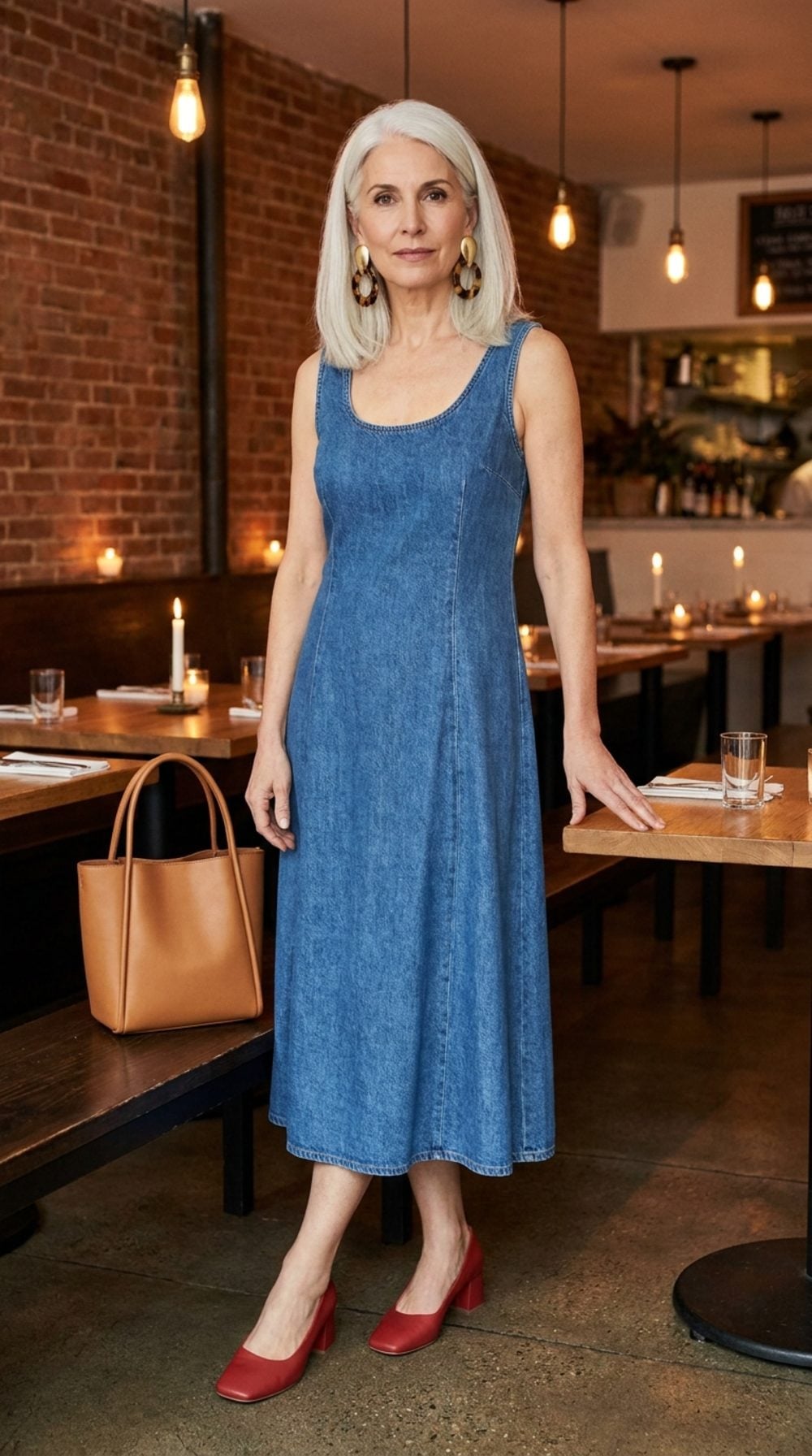 The Denim Midi Dress Gets a Statement Moment Thanks to Red Block Heels and Bold Earrings