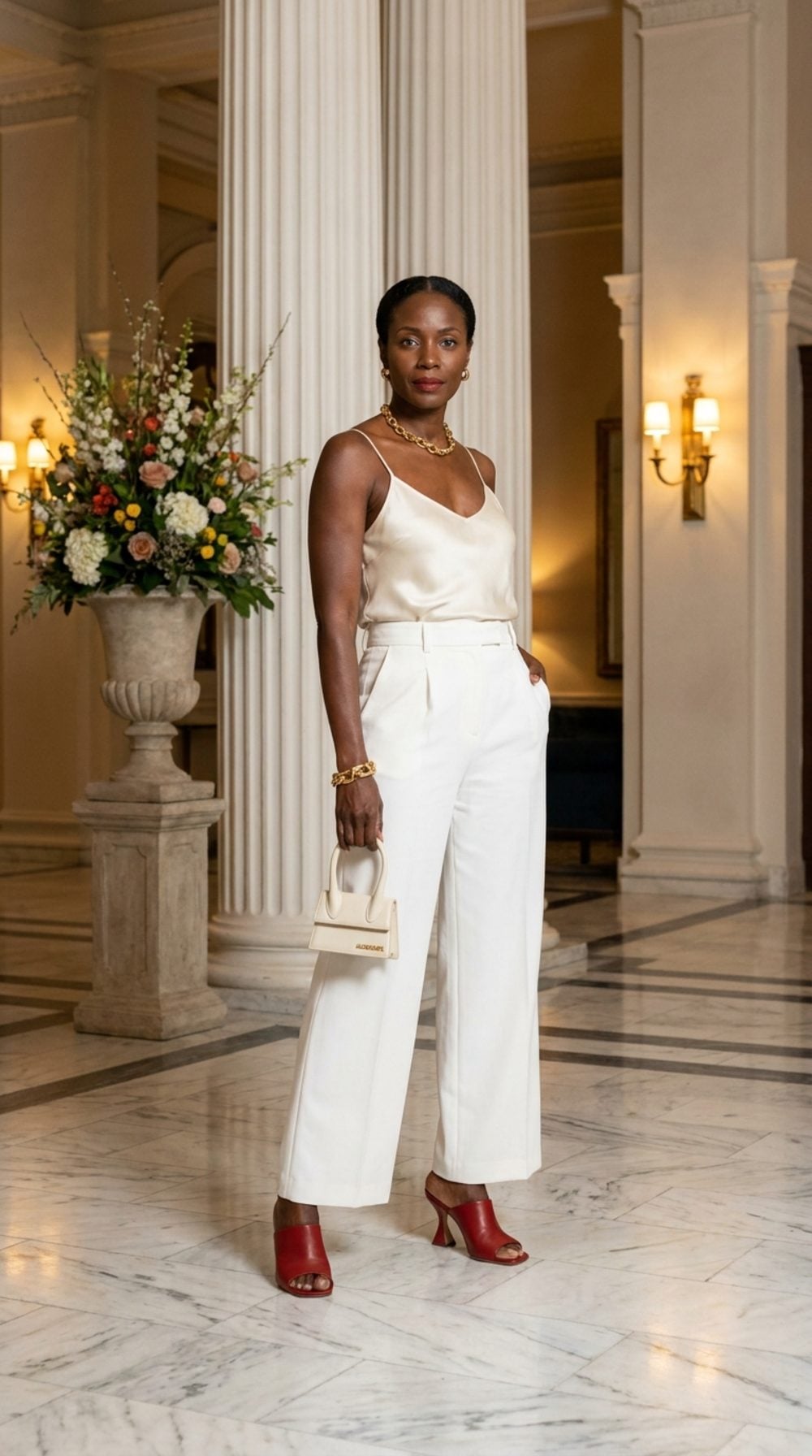 White Trousers, Cream Silk, Red Mules: The Hotel Lobby Entrance Worth Planning