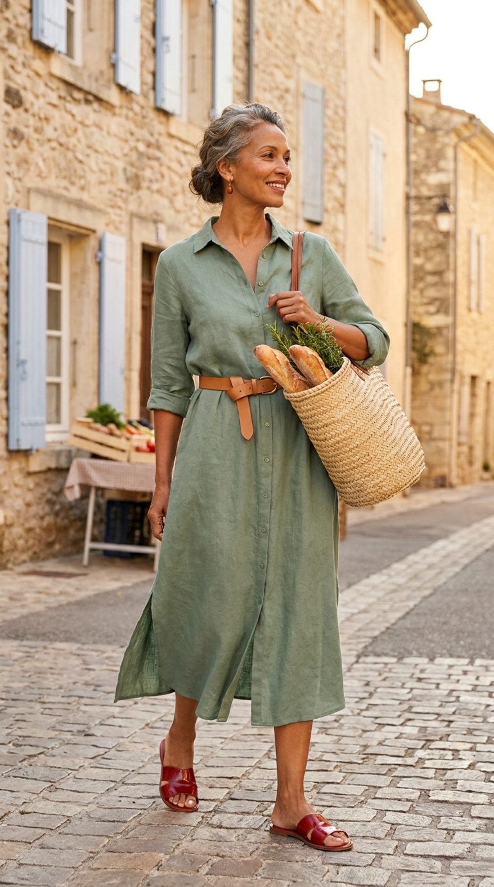 Sage Linen, a Market Basket, and Red Slides in a French Village Square