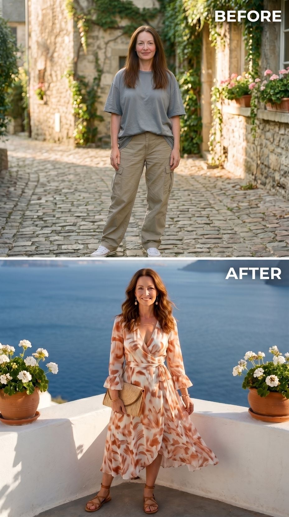 Floral Wrap Dress on a Santorini Terrace and Why Comfort Was Never the Problem