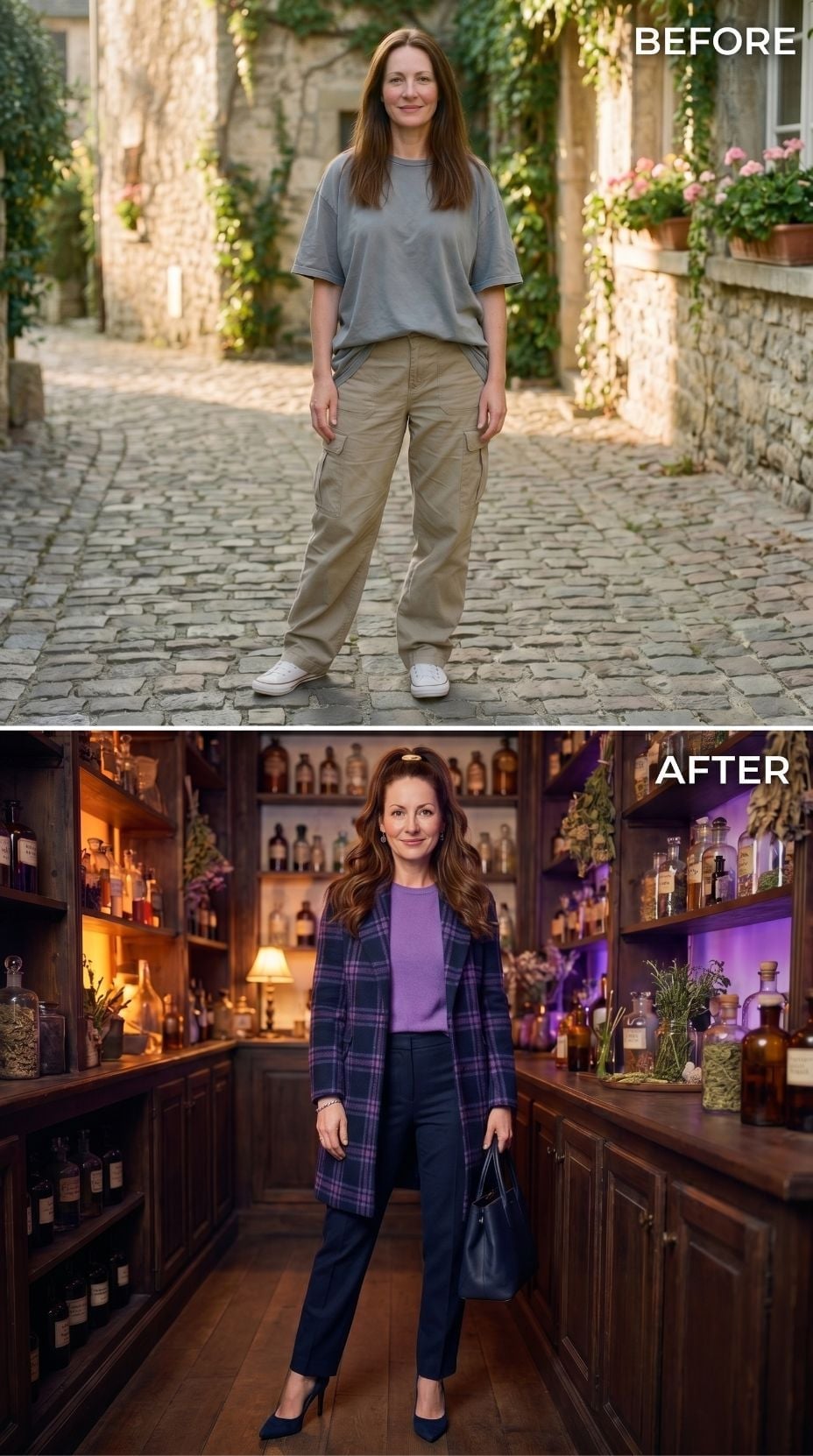 Plaid Coat, Apothecary Shelves, and What Happens When Purple Stops Playing It Safe