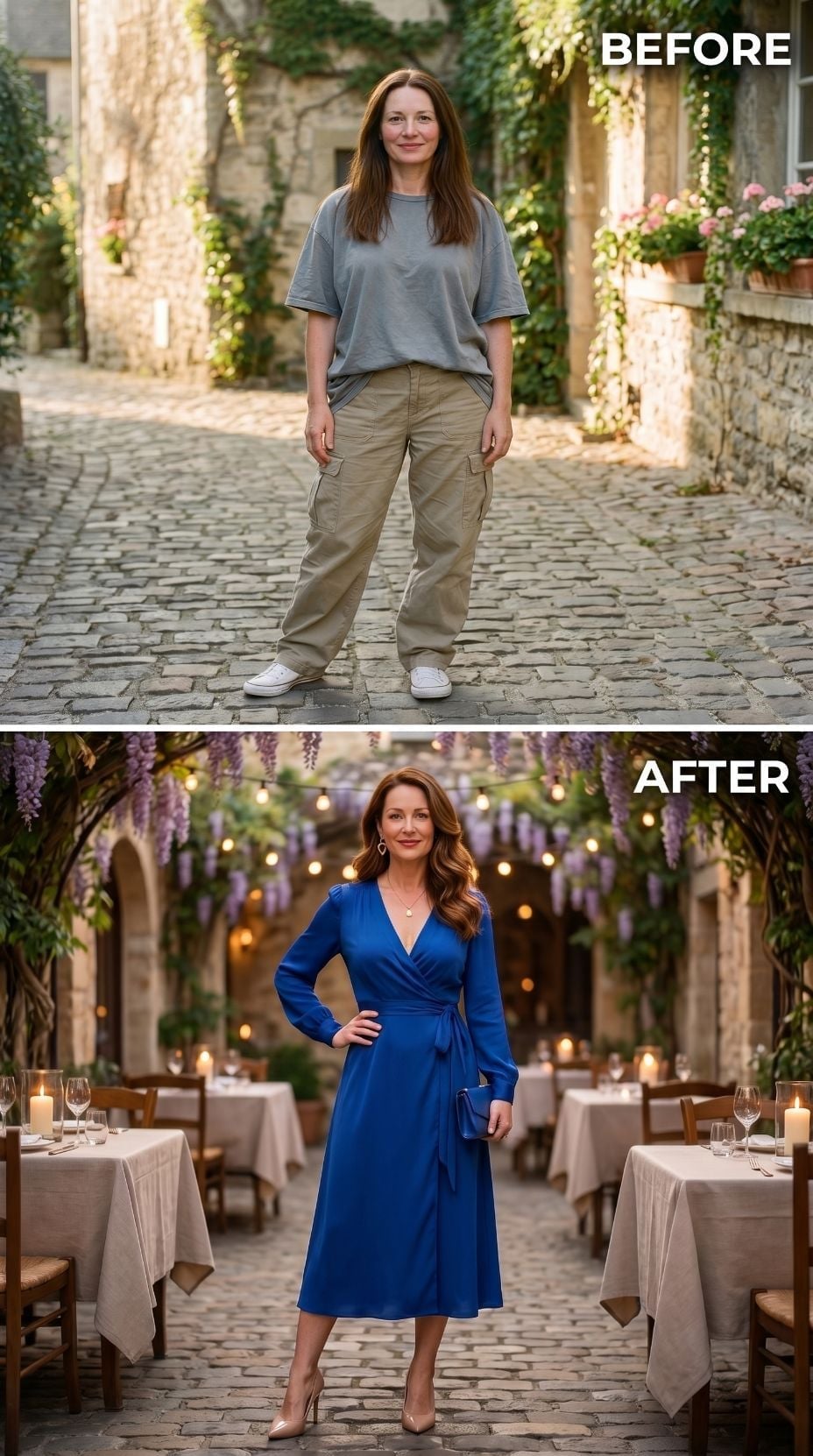 Royal Blue Wrap Dress and the Cobblestone Courtyard That Changed Her Mind