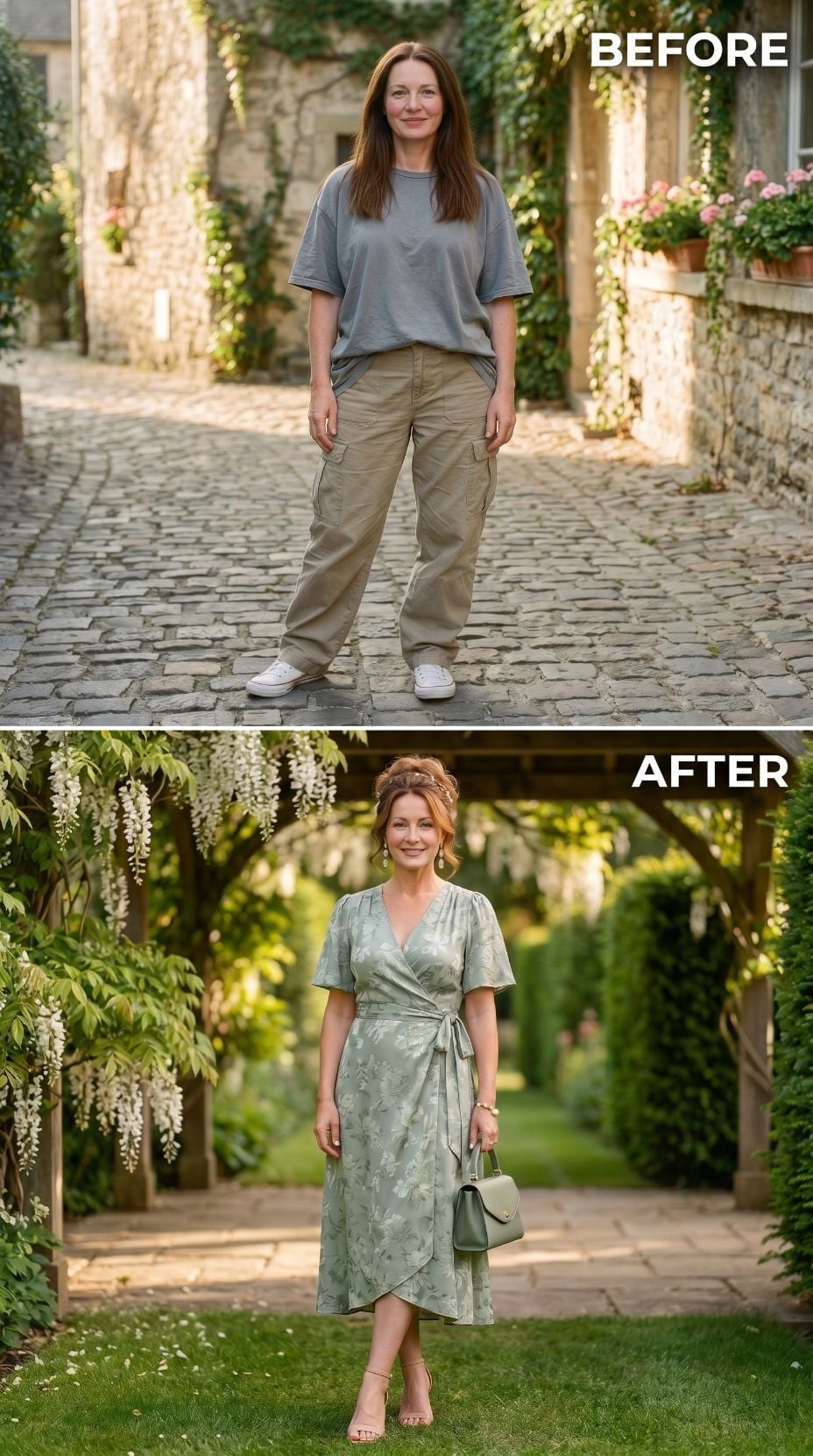 Sage Wrap Dress, Garden Pergola, and Proof That Comfort Was Never the Issue