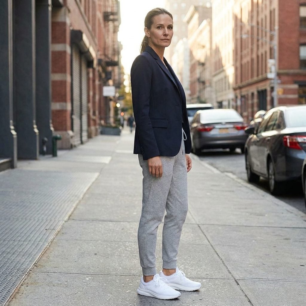 Athletic Joggers Plus a Structured Blazer Plus Bright White Sneakers: The Outfit That's Trying Too Hard to Be Casual-Chic