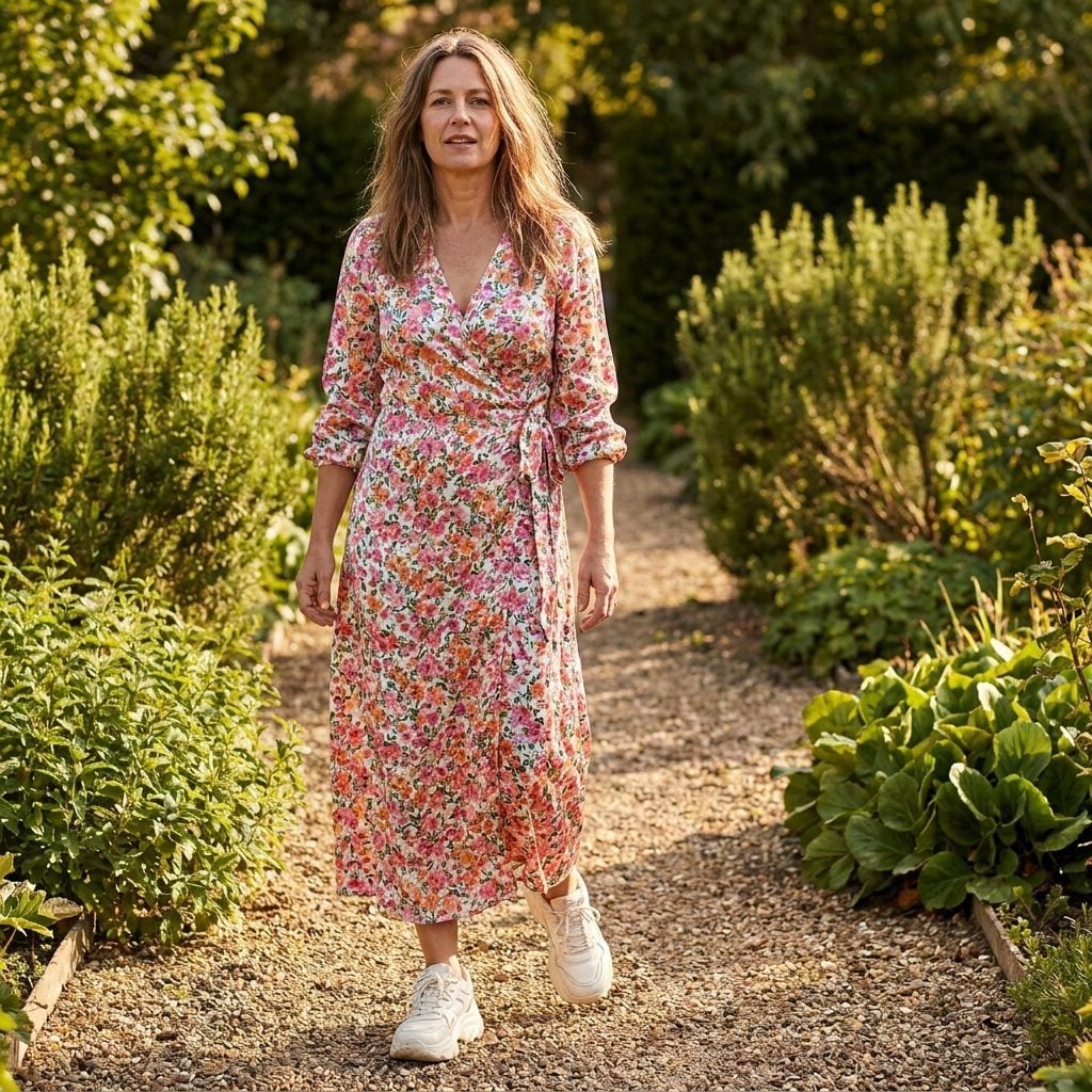 A Slippery Printed Polyester Wrap Dress With Bulky White Sneakers Is the Quickest Way to Look Underdressed