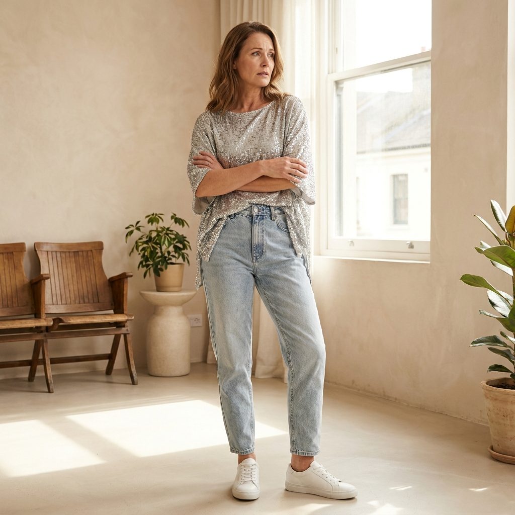 Light Wash Mom Jeans, a Sequined Top, and White Sneakers: Three Trends That Do Not Belong in the Same Room