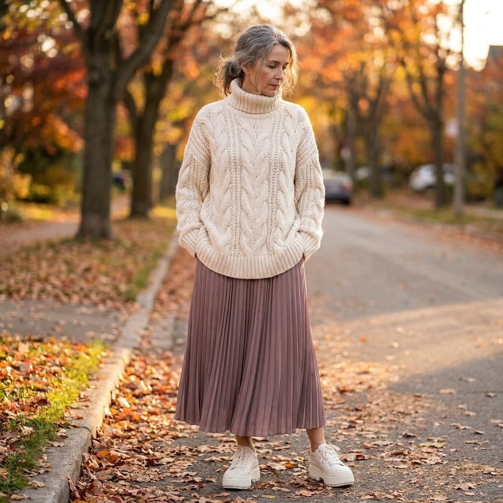 A Knee-Length Pleated Skirt, a Chunky Cable-Knit Sweater, and White Sneakers: When Cozy Goes Wrong