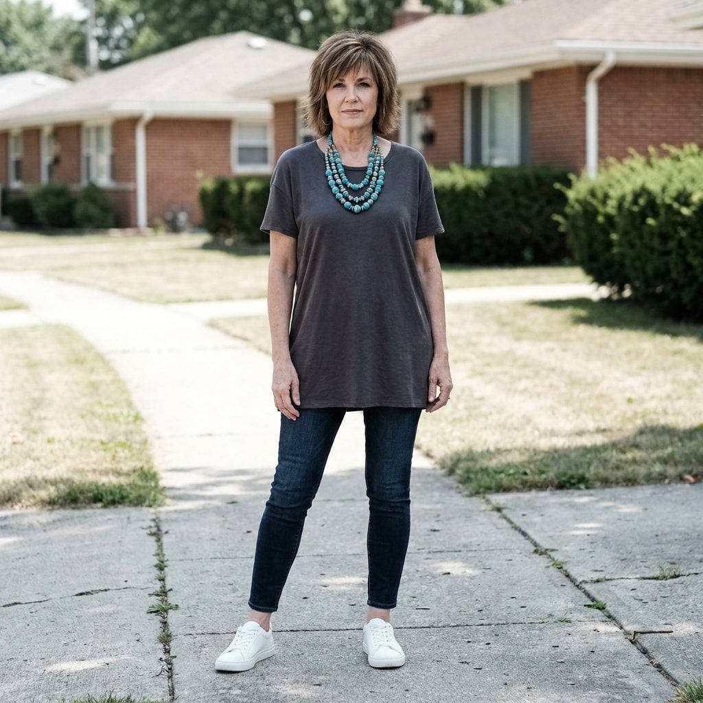 Skinny Ankle Jeans, a Tunic Tee, and a Chunky Statement Necklace With White Sneakers: Stuck in 2014