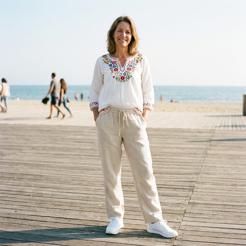 Linen Drawstring Beach Pants, an Embroidered Tunic, and White Sneakers: Resort Dressing That Lost Its Way