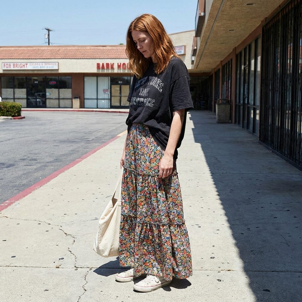 A Tiered Maxi Skirt, a Graphic Tee, and Flat White Sneakers: The 'I Gave Up Halfway Through Getting Dressed' Effect