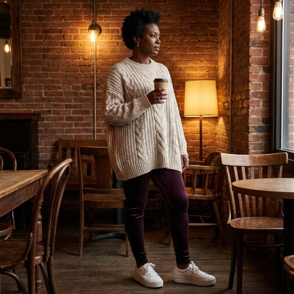 Velvet Leggings Plus an Oversized Tunic Sweater and Bright White Platform Sneakers: Too Many Textures With No Referee