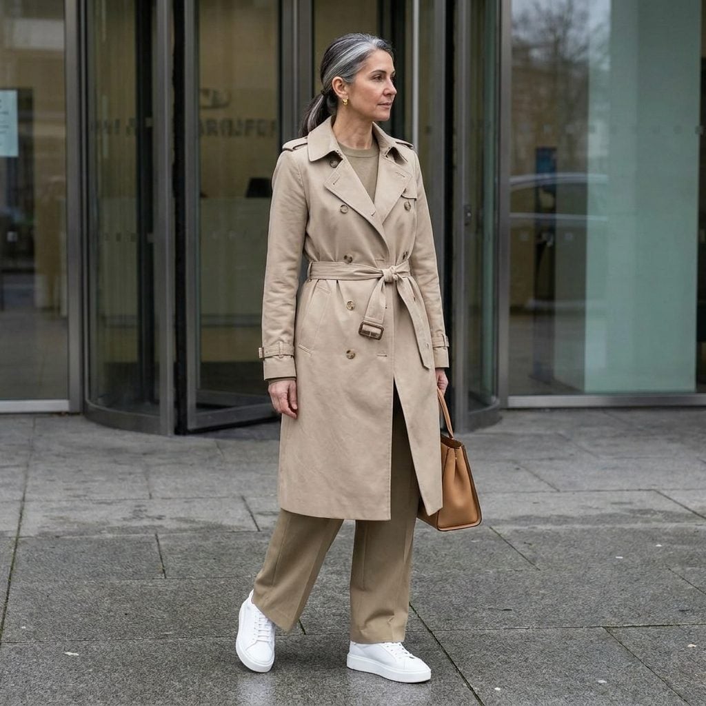 The Double-Breasted Trench Coat Over a Matching Khaki Monochrome Outfit With White Sneakers: When 'Effortless' Becomes 'Unfinished'