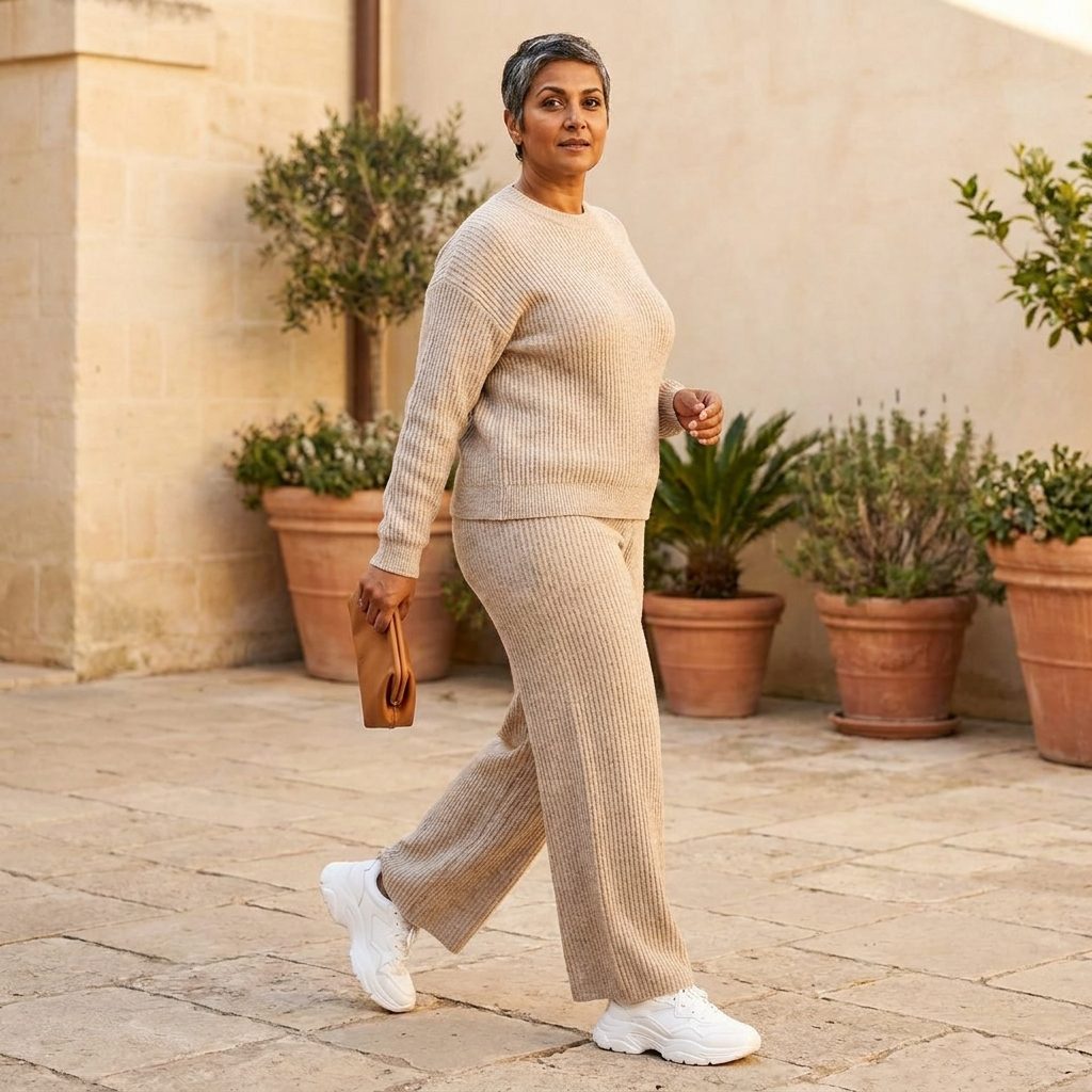 A Monochrome Beige Knit Set Styled With Bright White Athletic Sneakers