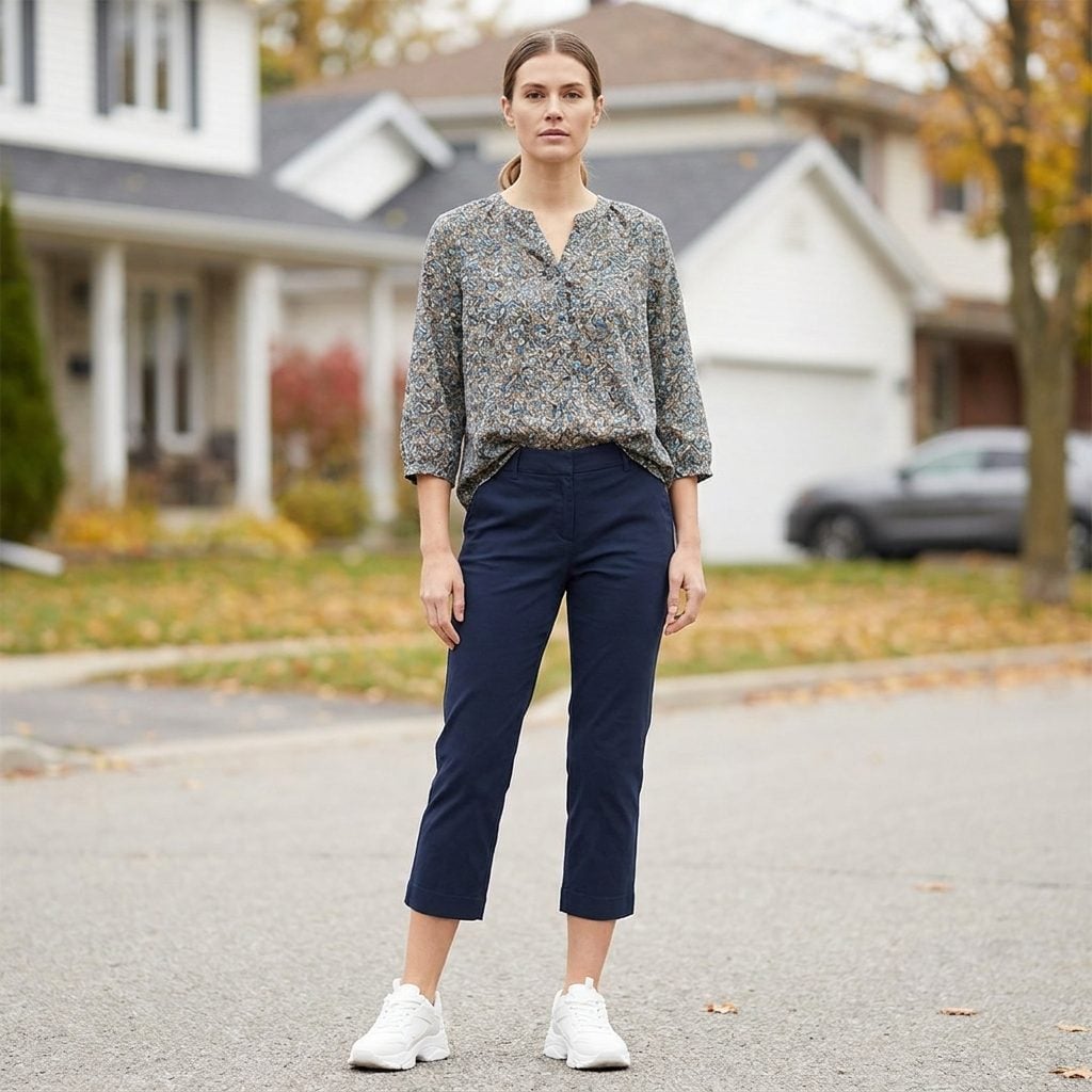 Capri Pants + a Printed 3/4-Sleeve Blouse: The Sneaker Pairing That Cuts You Off at the Worst Possible Point