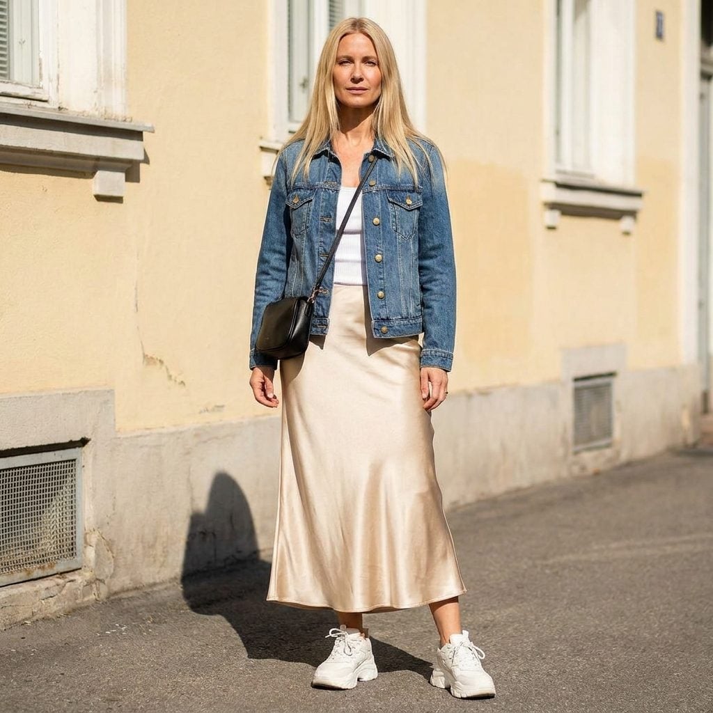 A Satin Slip Skirt, a Denim Jacket, and Chunky White Sneakers: The Cool-Girl Formula That Expired in 2019
