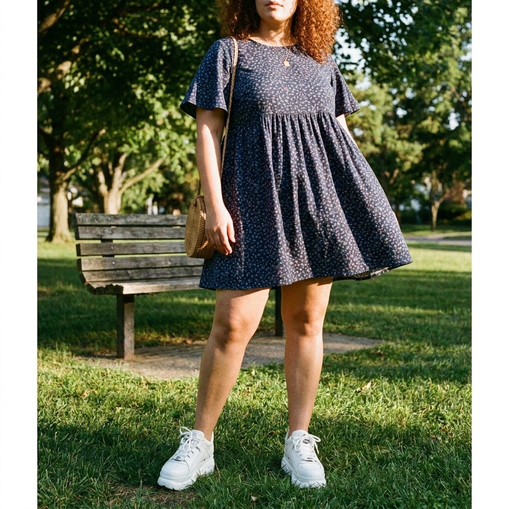 An Empire-Waist Babydoll Dress and Thick-Soled White Sneakers: Adding Volume Where You Least Want It