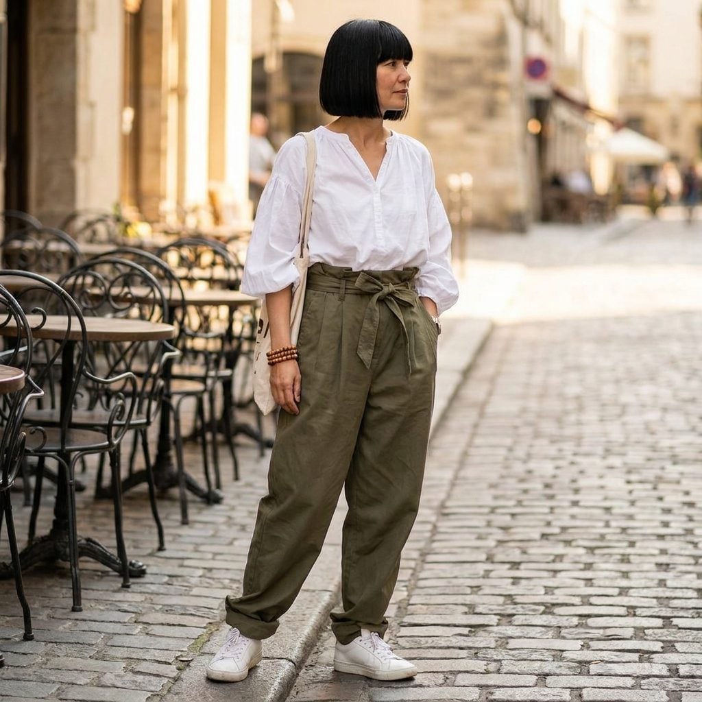 High-Waisted Paper-Bag Trousers, a Peasant Blouse, and Clean White Sneakers: When 'Relaxed' Slides Into 'Rumpled'