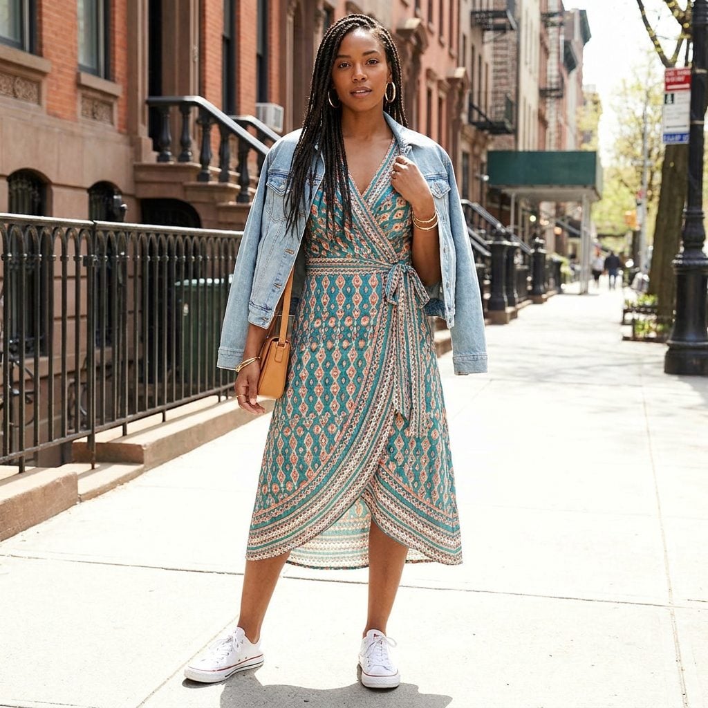 A Printed Midi Wrap Dress With a Waist Tie, Denim Jacket Draped on Shoulders, and White Sneakers: The 'Almost Got It' Outfit That Misses at the Feet