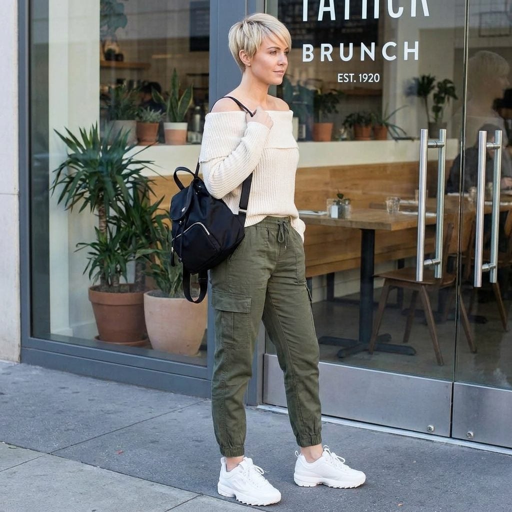Cargo Joggers, an Off-Shoulder Knit Top, and Pristine White Sneakers: The Outfit That Can't Decide If It's Going to Brunch or Boot Camp