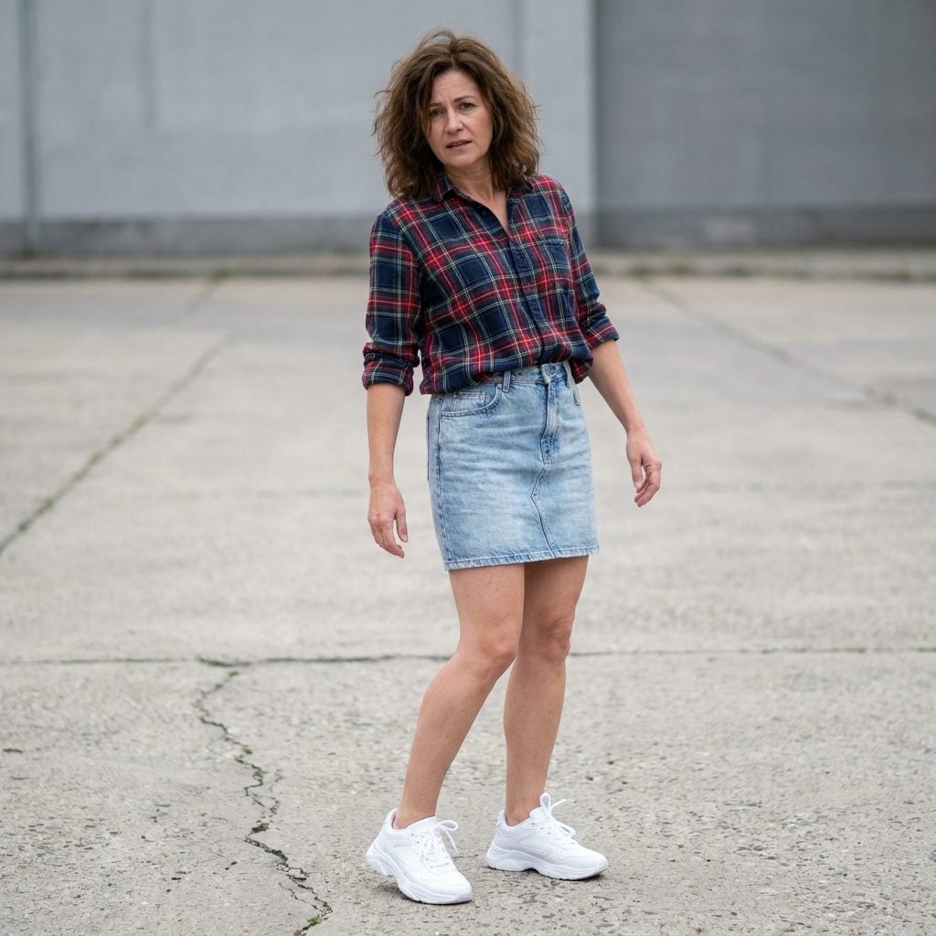 The Denim Mini + Plaid Shirt Tuck That Reads 'High School Circa 2001' With White Sneakers