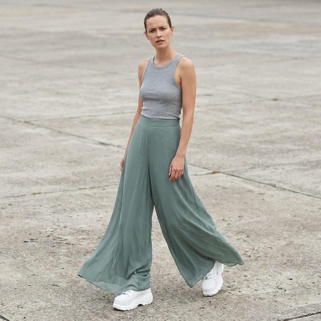 Flowy Chiffon Palazzo Pants + a Fitted Tank + Chunky White Sneakers: A Proportion Problem in Three Acts
