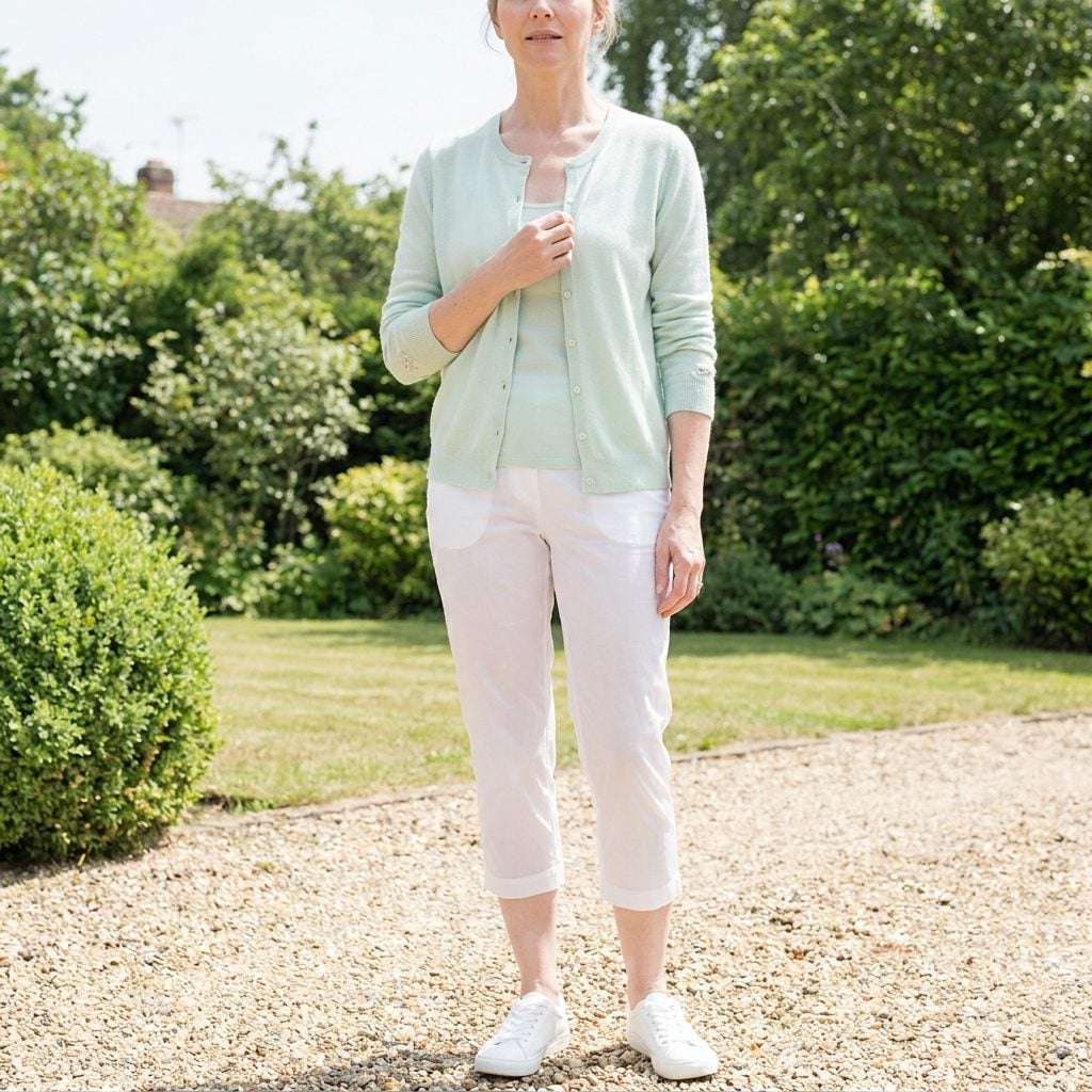 White Cropped Capris + Pastel Cardigan + Tank: The 'Florida Vacation 2009' Look White Sneakers Can't Rescue