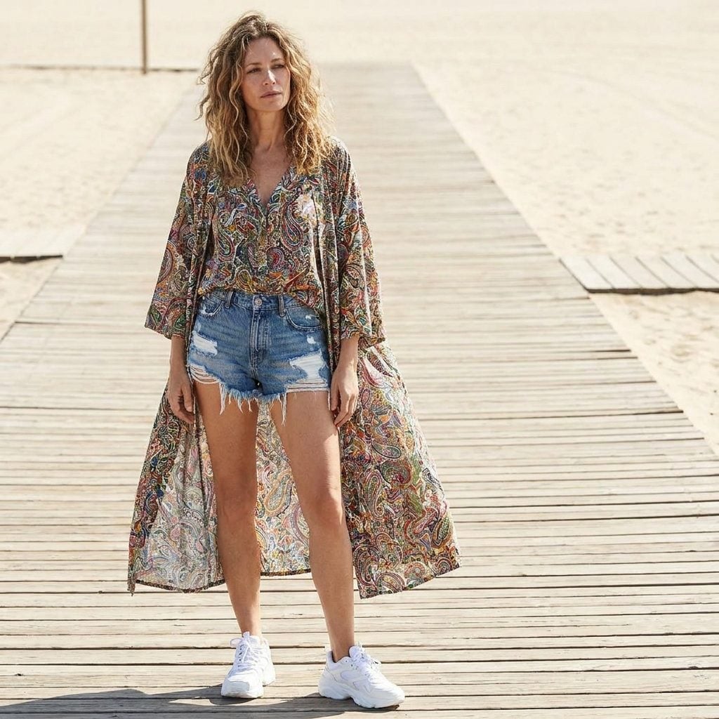 Distressed Cutoffs + a Long Flowy Kimono: Why This Boho Layering Trick Backfires With Chunky White Sneakers