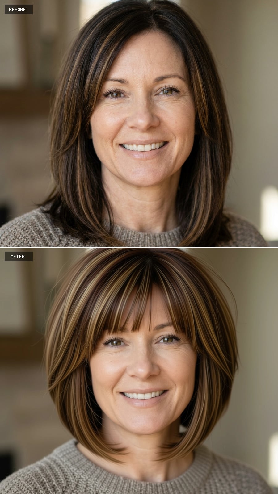 Bangs, a Bob, and Caramel Highlights That Rewire the Whole Face