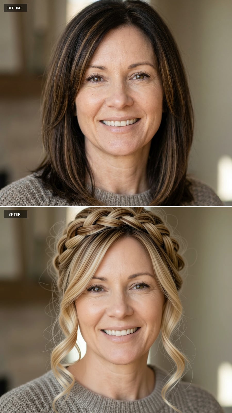 Crown Braid, Blonde Shift, and What Pinning Everything Up Actually Does to the Face