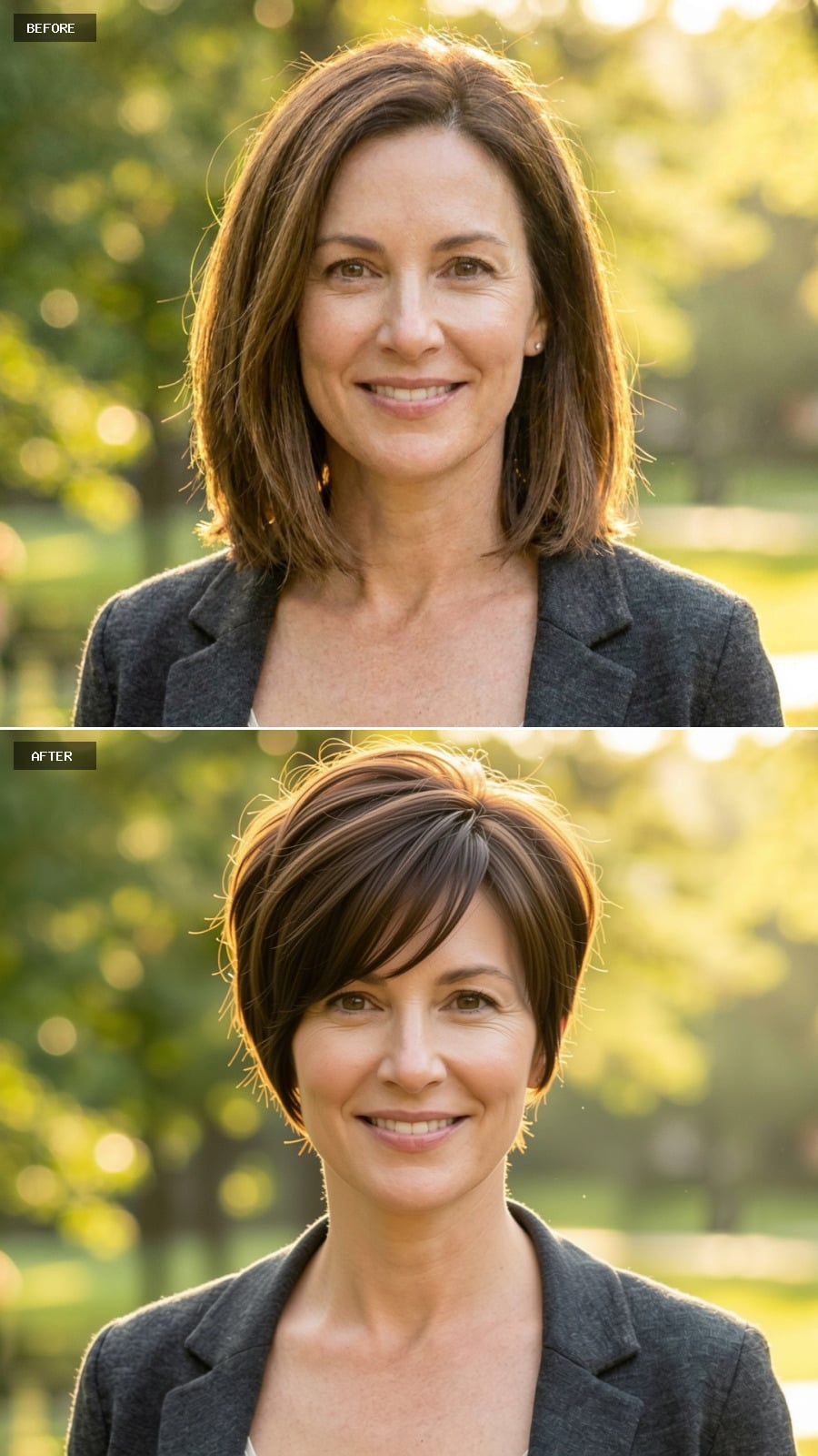 Textured Brunette Pixie Cut With Side-swept Bangs, Soft Volume At The Crown, Natural Makeup, Smiling Outdoors In Golden-hour Light
