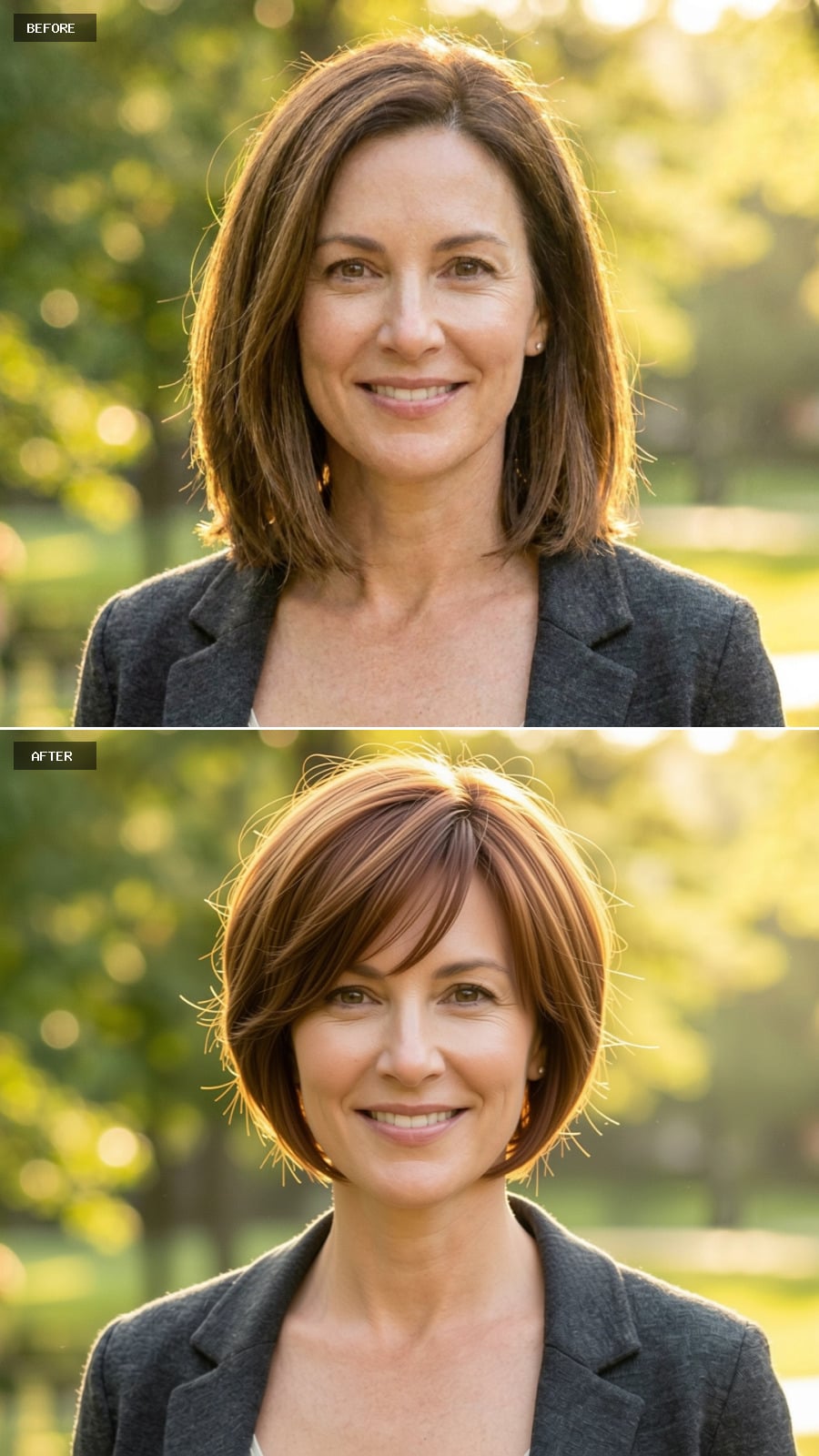 Warm Chestnut Pixie-bob With Feathered Layers Around The Face, Sophisticated And Youthful, Smiling In A Park Setting
