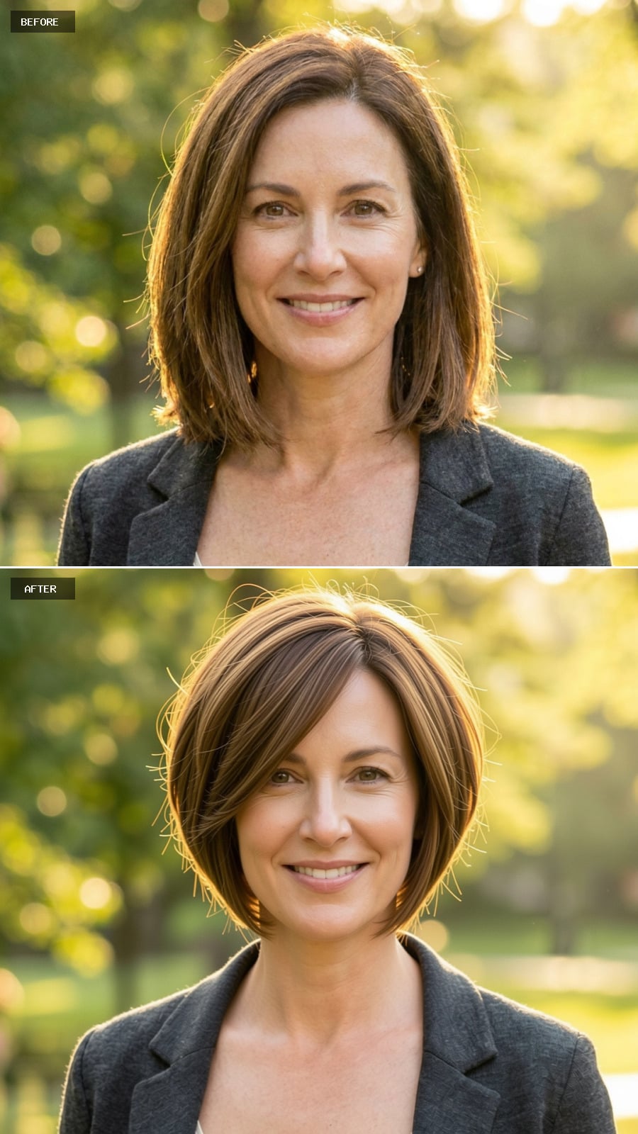 Caramel Brunette Bixie Cut (pixie-bob Hybrid) With Soft Texture And Movement, Smiling In A Sunlit Garden