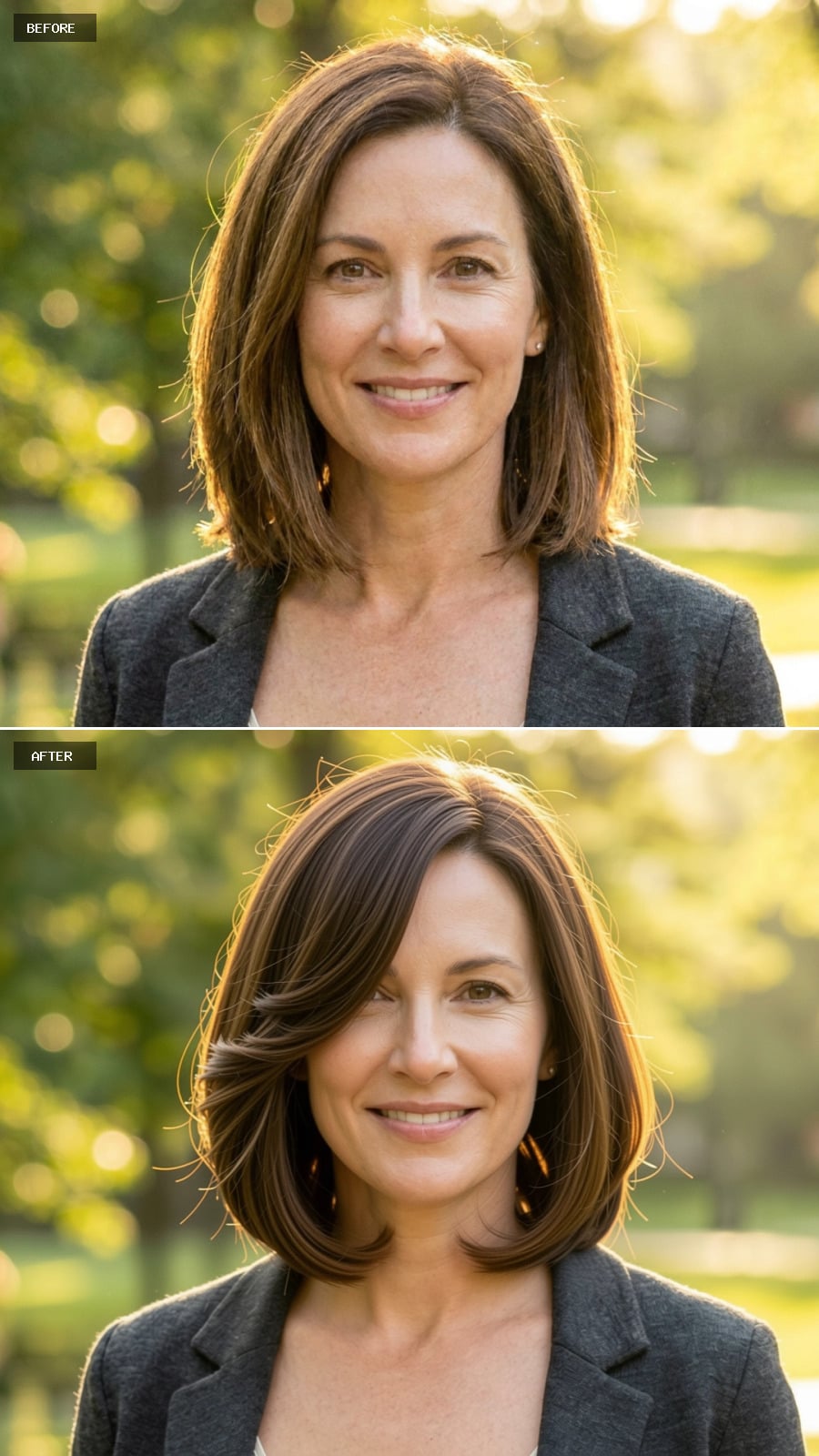 Chocolate Brown French Bob Grazing The Jawline With Subtle Waves And Side Part, Elegant Outdoor Portrait
