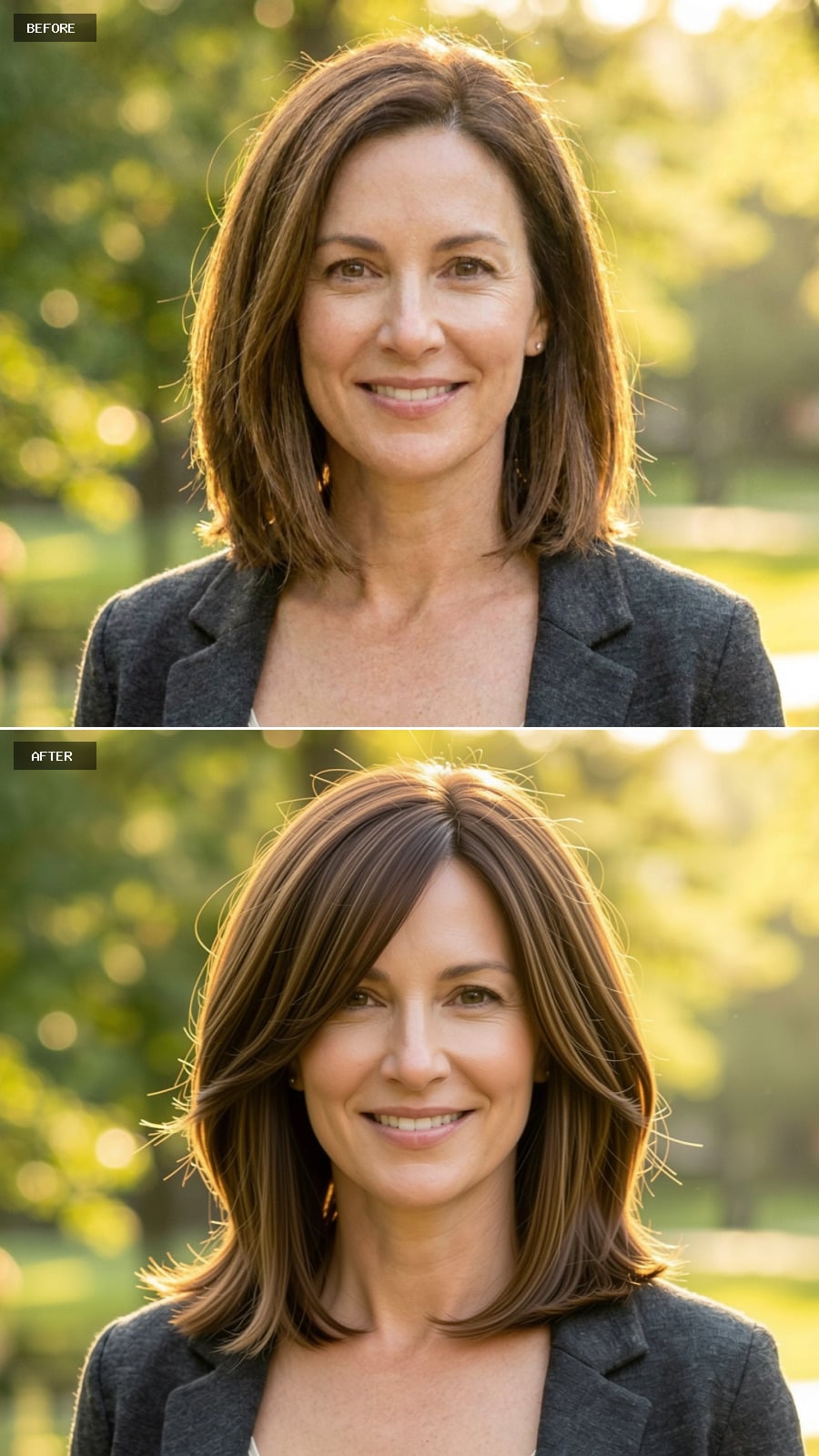 Chestnut Chin-length Bob With Flipped Ends And Face-framing Layers, Smiling Confidently In Natural Light