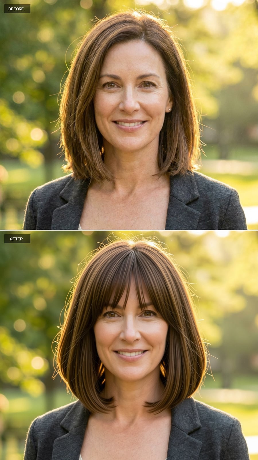 Medium Brunette Bob With Curtain Bangs And Soft Volume, Polished Lifestyle Portrait Outdoors