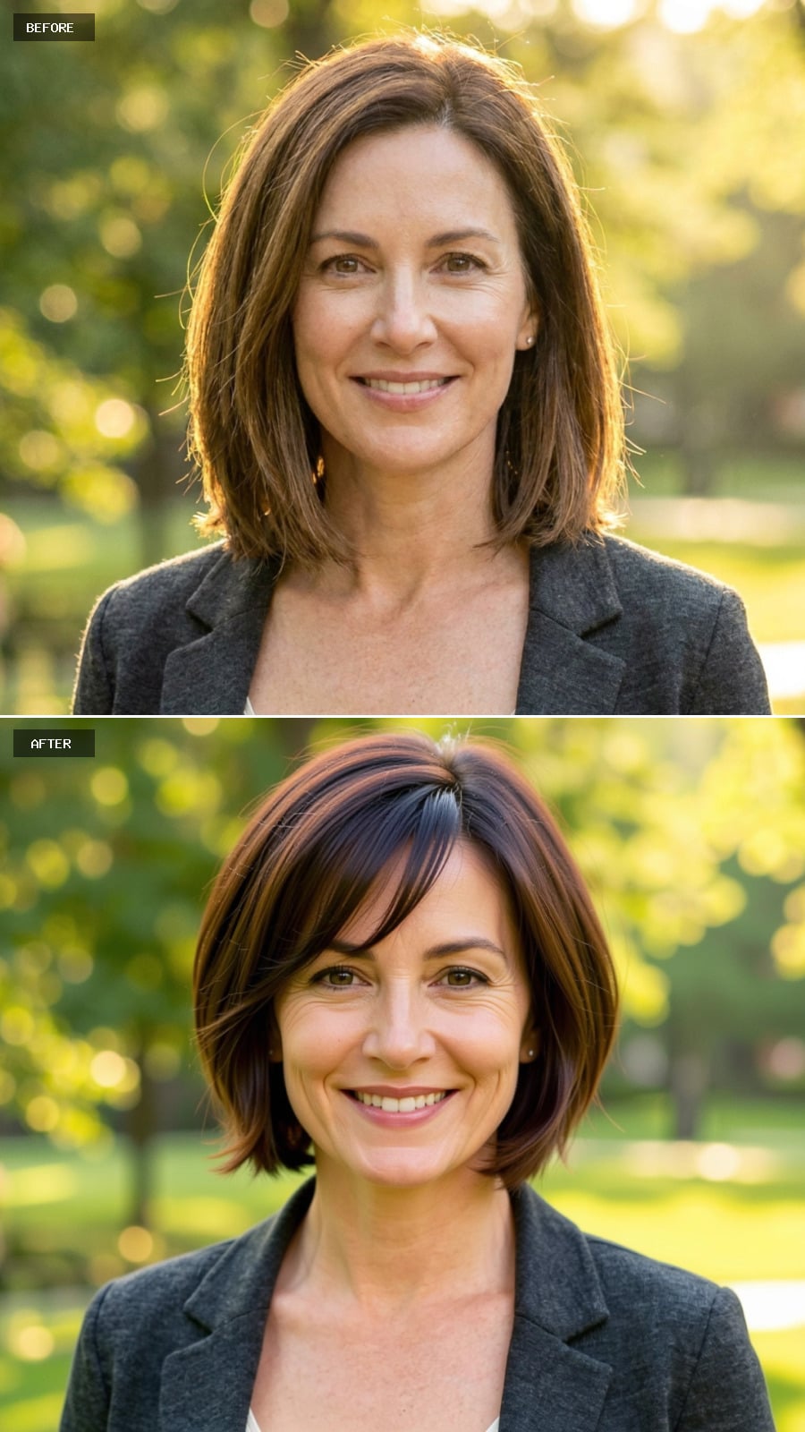 Dark Brown Stacked Bob With Subtle Highlights And Side-swept Fringe, Smiling In A Lush Green Park