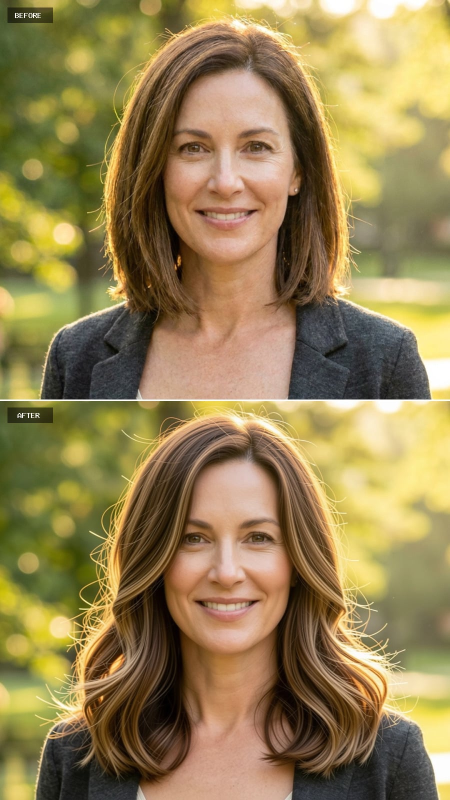 Shoulder-length Lob With Rich Mocha Balayage And Loose Beach Waves, Radiant Smile, Golden-hour Photography