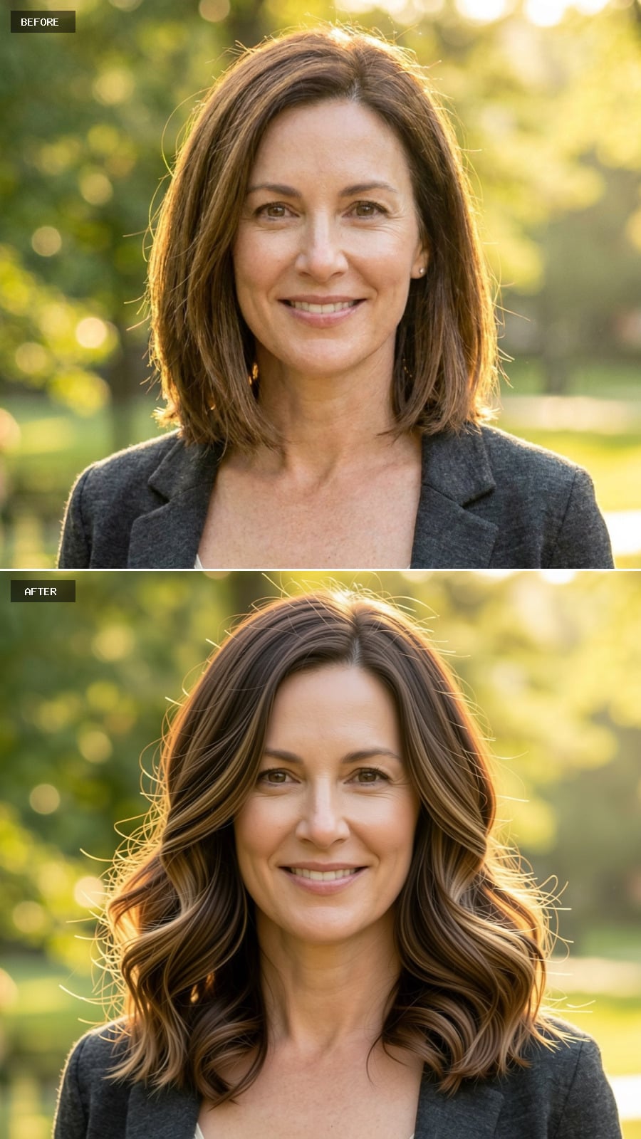 Brunette Lob With Caramel Balayage Ribbons And Soft Curls, Natural Outdoor Portrait With Blurred Greenery